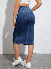Solid Color High Slit Pocket Tight Denim Skirt