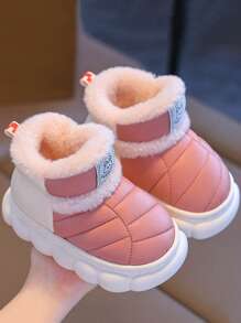 1 par de botas de moda para niñas, forradas de piel, gruesas y cálidas, impermeables, antideslizantes, de suela blanda y de corte bajo, aptas para el invierno - Rosado Sandía - Ver 1