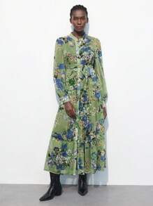 Maija 女士花卉印花 V 领长袖绿色连衣裙，休闲度假时尚百搭，春夏