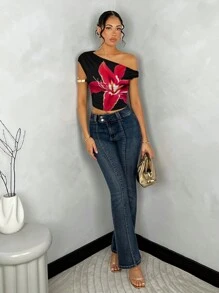 SHEIN BAE 女士紧身不对称褶皱短款上衣 - 紅色和黑色 - 查看 1