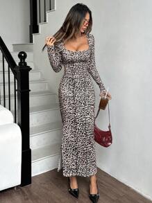 Muchica Vestido entallado de escote cuadrado con estampado de leopardo vintage para otoño e invierno