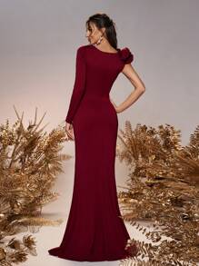 SHEIN Belle Women's Elegant Romantic Red Square Neck Shoulder Ruffle Asymmetric Long Sleeve Bodycon Mermaid Hem Wedding Bridesmaid Dresses - Burgundy - View 3
