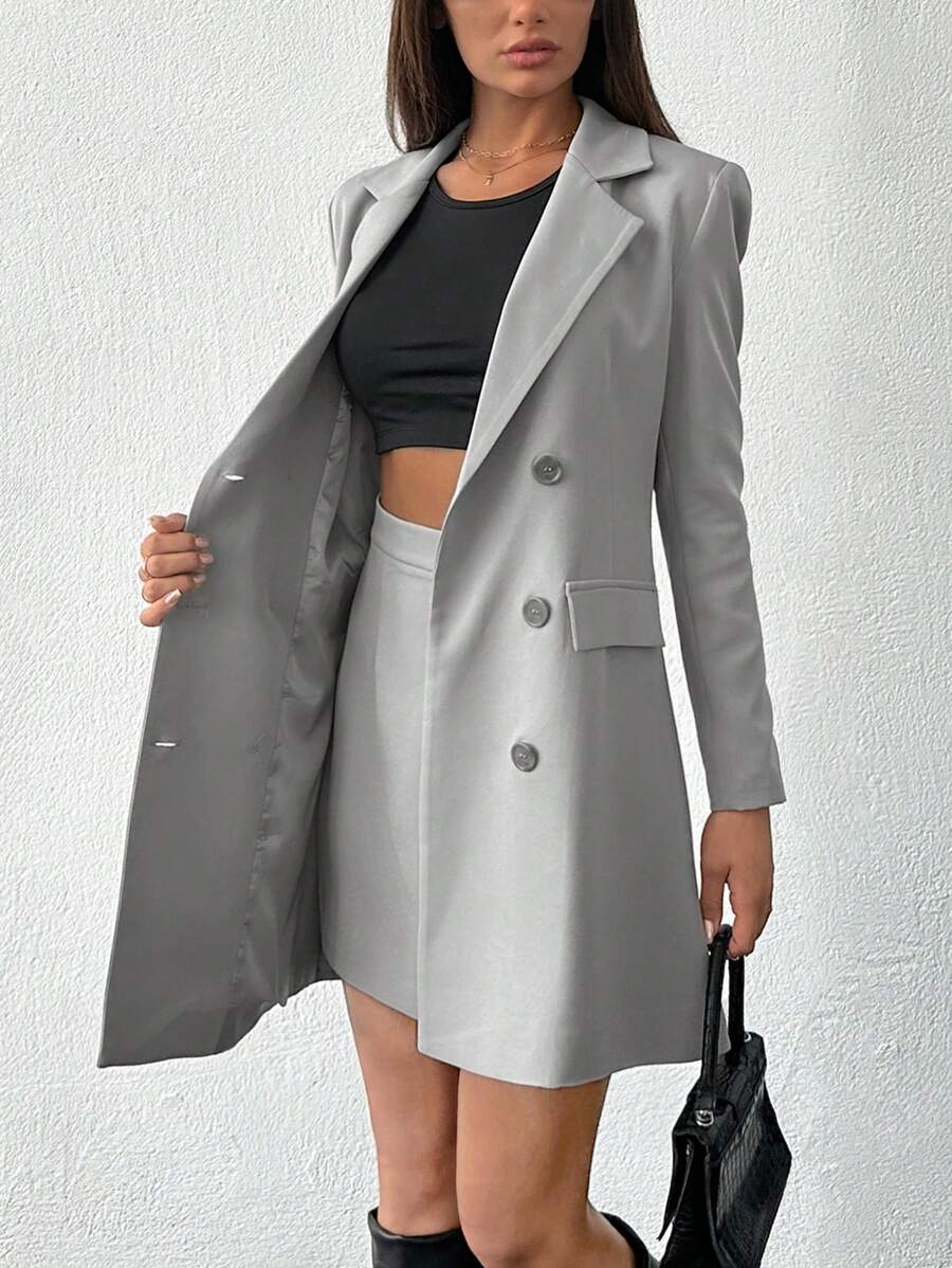SHEIN PETITE Double-Breasted Suit Jacket And Skirt Set - Grey - View 1