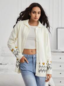 GARFIELD | SHEIN Áo len cardigan dệt kim in chữ và mèo giản dị cho nữ tay áo raglan cài nút - trắng - Xem 5