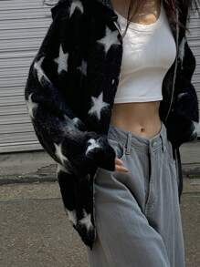DAZY 女士星星提花针织开衫，带帽领和长袖，Y2K，秋季女装 - 黑色 - 查看 1