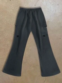 Manfinity Roghcode بنطال رياضي رجالي سميك بخصر مرن وسحاب، أحادي اللون، مناسب للخريف والشتاء - رمادي غامق - مشاهدة 2