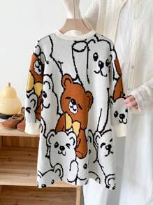 LMoss Kids Vestido de suéter jacquard com estampa fofa para meninas e jovens, adequado para uso casual diário com certo calor, combinando mãe e filha, combinando irmã e eu, roupas, estilo esportivo, ótimo para uso casual e diário e diário escolar no outono e inverno