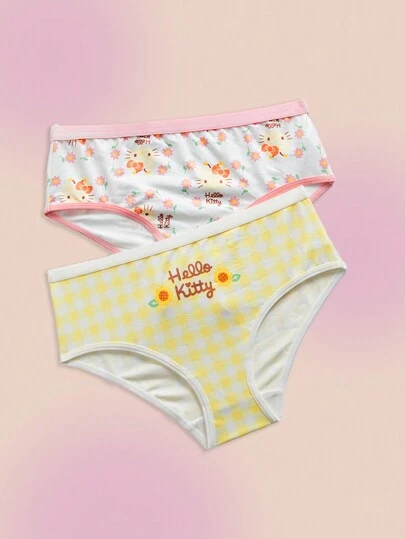 HELLO KITTY AND FRIENDS | SHEIN 2pcs/Pack Tween Girl Cute Cartoon Print Comfortable Underwear, Pink And Yellow Colors