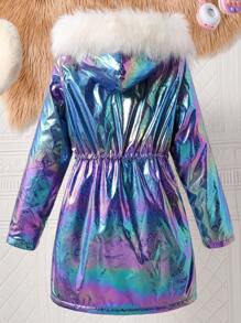 SHEIN Tween Girl Laser Design Drawstring Waist Fluffy Collar Hooded Thicken Jacket, Winter - Red Violet - View 2