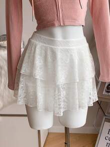 Comfortcana Women's White Lace Knit Bow-Decorated A-Line Skirt - White - View 4