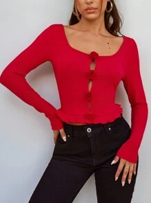 SHEIN SXY Áo thun nữ họa tiết hoa ba chiều màu đỏ ma cà rồng ngày lễ - Đỏ - Xem 4