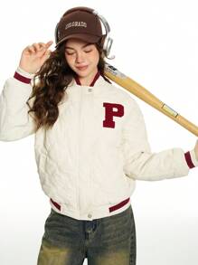 Teen Girls' Casual Quilted College Style Contrast Color Baseball Jacket, Autumn/Winter - Beige - View 3