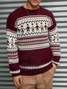 RueChic Men Geometrical Pattern Crew Neck Regular Sweater - Burgundy - View 3