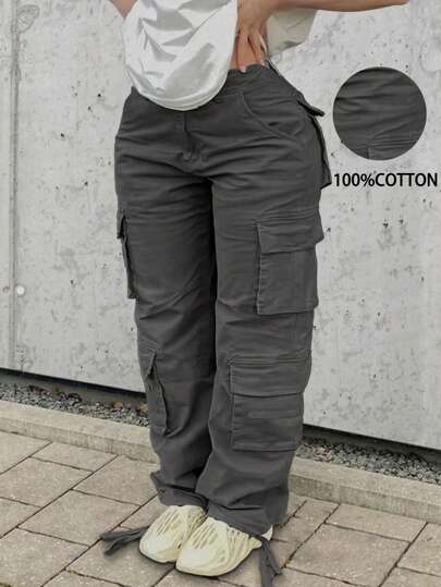 Pantalones cargo casuales sueltos de unicolor y rectos con múltiples bolsillos para mujer de talla grande