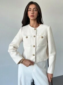 Aloruh Chaqueta elegante y vintage con botones de metal cortos, decorativa, a prueba de viento, forrada y cálida, cómoda y de gran calidad