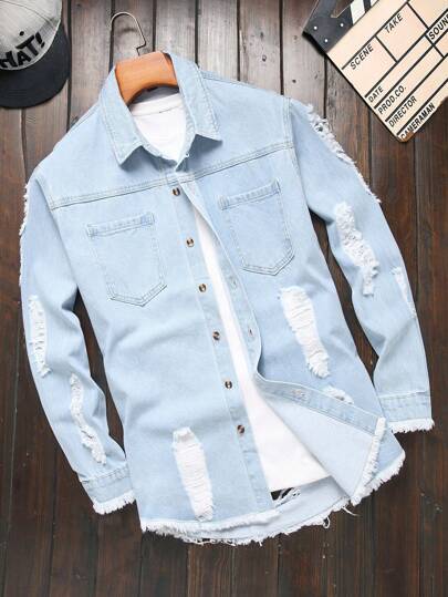 Manfinity Homme Men Ripped Raw Trim Dual Pocket Denim Shirt Without Tee, For Fall