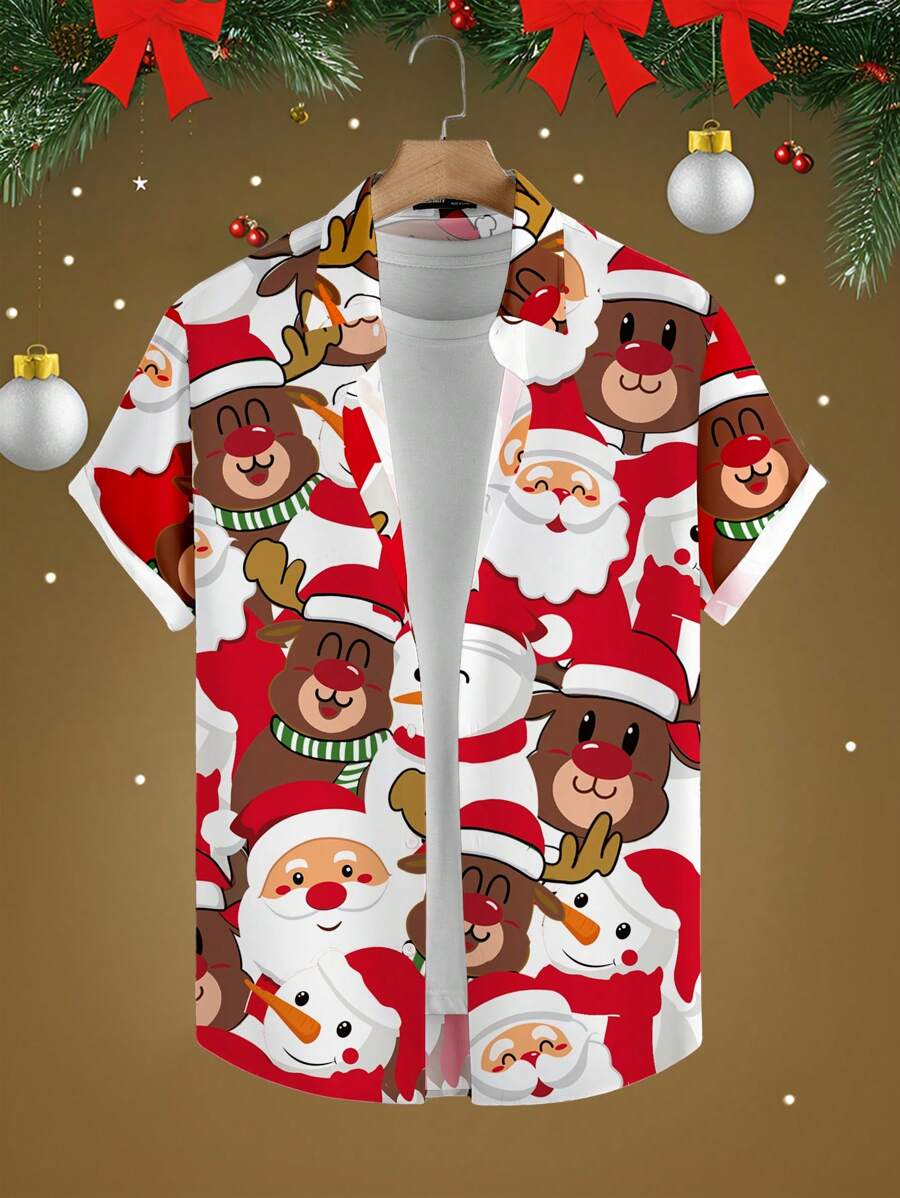 Manfinity Homme Men's Christmas Cartoon Print Short Sleeve Shirt - Multicolor - View 1