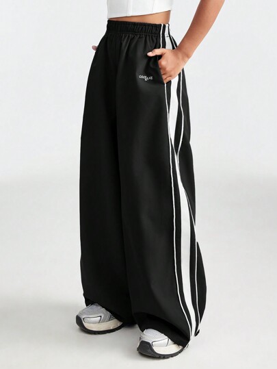 SHEIN Tween Girls Fall/Winter Athleisure Keep Warm Grey Sportswear Wide Leg Pants For Back To School