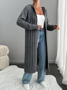 RueChic 女士休闲连帽粗针织长款开衫 - 杏色 - 查看 6