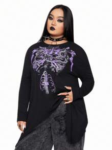 ROMWE Goth Plus Size Dark Skull & Skeleton Graphic Batwing Sleeve T-Shirt - Black - View 6