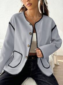 SHEIN EZwear 女式休闲宽松外套，带按扣前袋，秋季