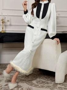 Modelyn 女士迷人优雅拼色毛边灯笼袖紧身连衣裙长款晚礼服 - 白色 - 查看 1