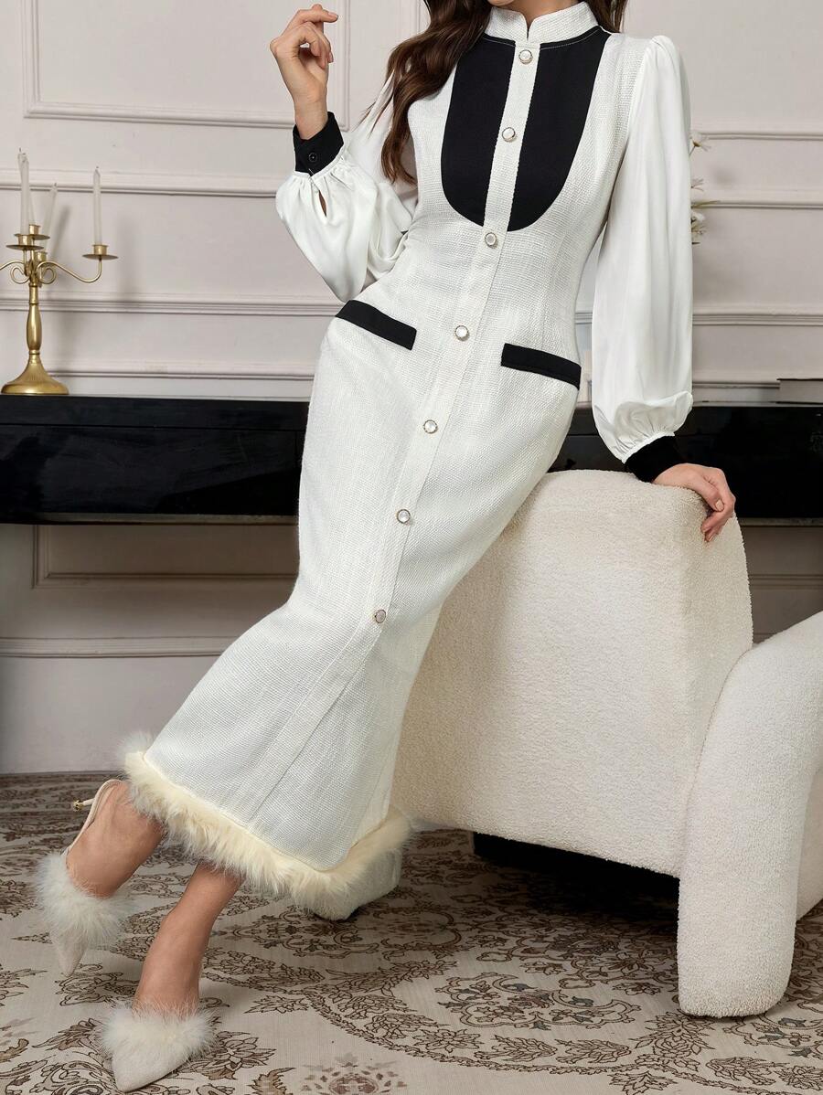 Modelyn 女士迷人优雅拼色毛边灯笼袖紧身连衣裙长款晚礼服 - 白色 - 查看 1
