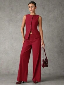 SHEIN BAE 女士夏季纯色单排扣背心和裤子日常通勤套装女士秋季套装冬季女士衣服适合办公室通勤套装，办公室警笛风格