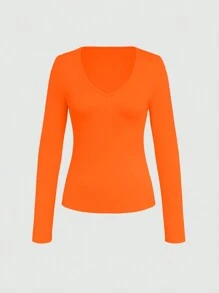 INAWLY 1 件 V 领长袖修身 T 恤，休闲纯色，秋季 - 橘色 - 查看 5