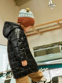 SHEIN Young Boy Winter Casual Glossy Hooded Long Length Padded Coat