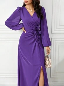 Modelyn 1 件装女士纯色 V 领交叉花卉印花长袖连衣裙长款晚礼服 - 紫色 - 查看 2