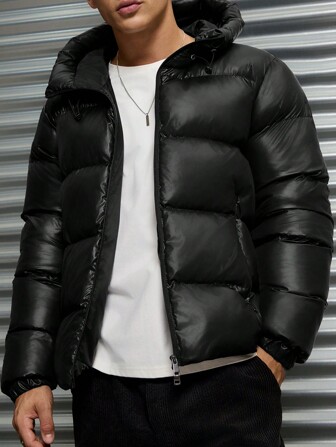 Men High Collar 2 Zipper Shiny Fabric Regular Puffer Coat