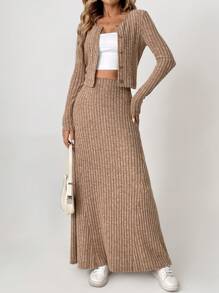 SHEIN Tall Bộ đồ thường ngày dành cho nữ, áo khoác dài tay màu trơn có gân, hàng khuy đơn và chân váy dài midi, mùa thu - màu nâu - Xem 6