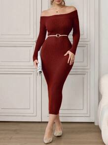 Modelyn Burgundy Red Women's Solid Color Off-Shoulder Elegant Long Sleeve Sweater Dress