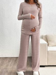 SHEIN Set de 2 piezas de top de manga larga acanalado y pantalón de pierna ancha informales de maternidad, conjunto de pantalones, otoño