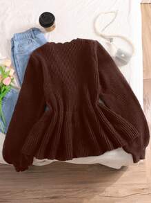 SHEIN Frenchy Plus Size Women Fall Wave V-Neck Off The Shoulder Pullover Sweater, For Winter - Brown - View 2