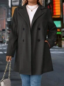SHEIN LUNE Plus Size Solid Color Double Breasted Overcoat, Casual For Autumn/Winter - Dark Grey - View 1