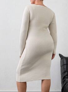 RueChic Sweetheart Neck Twist Front Ribbed Knit Dress - White - View 2