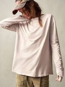 Bohemela 大码女式纯色船领落肩长袖休闲T恤 - 米色 - 查看 5