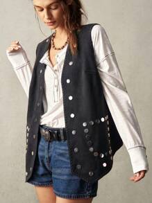 Bohemela 1pc Women Solid Woven Loose Rivet Decor Vest, Suitable For Holiday