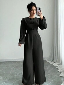 SHEIN Unity 女式优雅纯色泡泡袖纽扣连体裤，适合秋冬季 - 黑色 - 查看 1