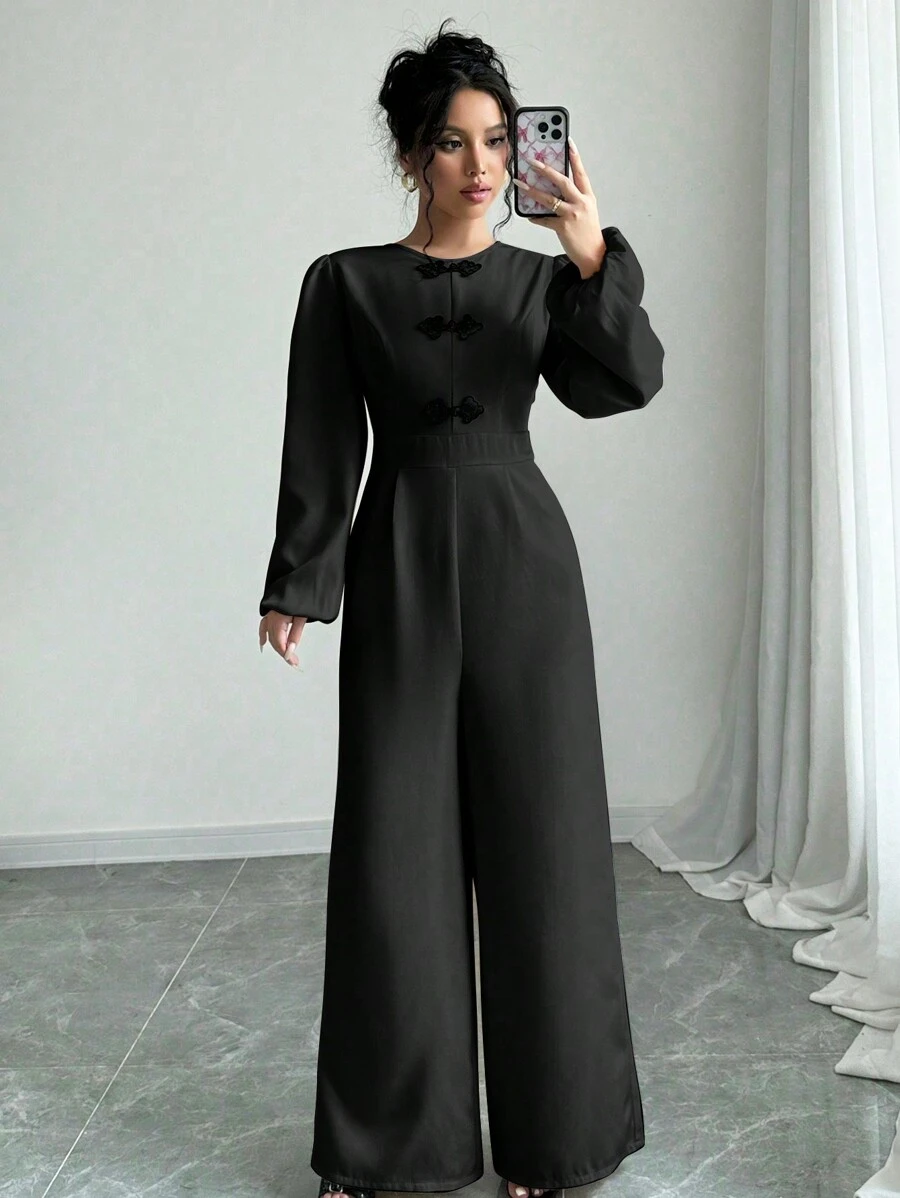 SHEIN Unity 女式优雅纯色泡泡袖纽扣连体裤,适合秋冬季 - 黑色 - 查看 1