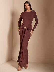 SHEIN BAE Vestido maxi de color marrón sólido/café con cuello redondo, manga larga, fruncido, ajustado y con cola de pez, adecuado para fiesta de cóctel, cita romántica, vestido de otoño/invierno para capas, fiesta, dama de honor de boda, noche, Halloween, Navidad - Marrón - Ver 8