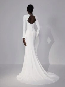 Elitara Elegant White Tube Long Flare Sleeve Round Neck Backless Rhinestone Decor Mermaid Wedding Dress, Bridal Dress,Bride