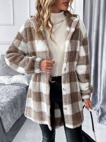 SHEIN Clasi Plaid Teddy Boucle Cinched Waist Women Regular Jacket In Fall/Winter - Multicolor - View 5