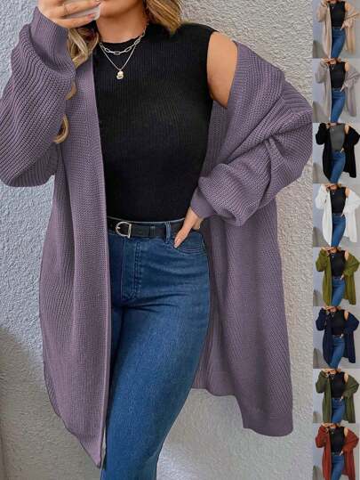 EMERY ROSE 大码女式纯紫色开衫毛衣，宽松露肩长袖，适合秋冬休闲穿着