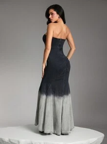 Denimoi Summer Elegant Color Block Strapless Fishtail Hem Maxi Denim Dress