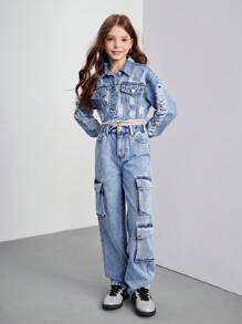 Ensemble veste en jean délavé bleu déchiré + pantalon en jean pour filles