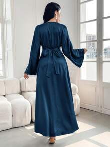 Modelyn Women's Solid Color Satin Finish Elegant Waist Cinched Dress,Elegant Evening Party Dress Long Evening Dresses