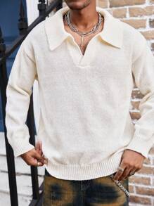 Jersey holgado de ajuste casual de unicolor con hombros caídos para hombre - Blanco - Ver 1